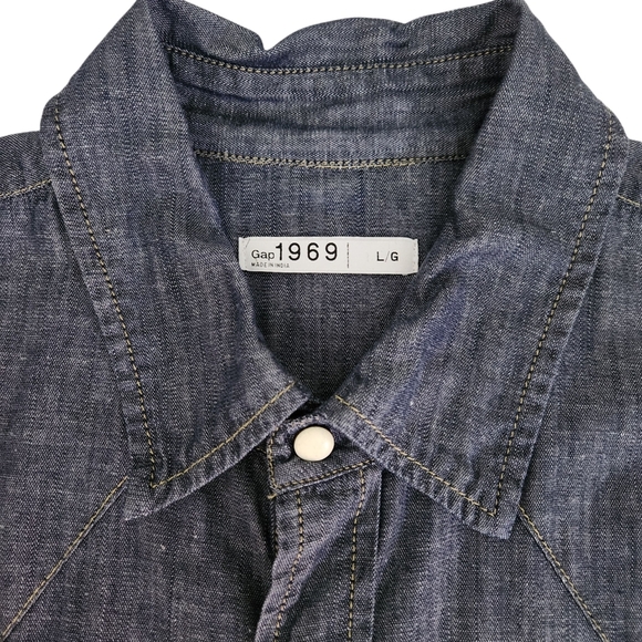 GAP Blue Chambray Cotton Linen Blend Western Shirt Snap button large - Picture 5 of 13